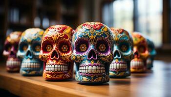 AI generated Day of the Dead celebration colorful skulls, spooky decorations generated by AI photo