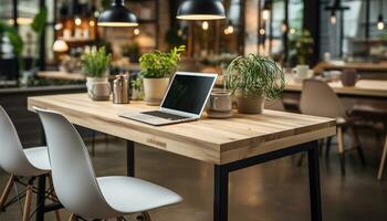 AI generated Modern office design with comfortable chair, laptop on wooden desk generated by AI photo