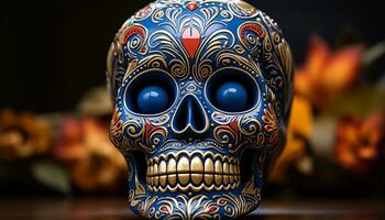 AI generated Day of the Dead celebration spooky decoration with human skulls generated by AI photo