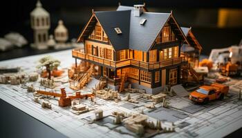 AI generated Small wooden toy building on table in residential district at night generated by AI photo