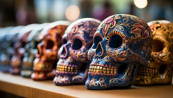 AI generated Day of the Dead celebration colorful skulls adorn ancient store generated by AI photo