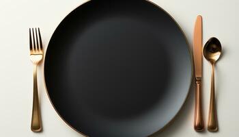 AI generated Empty plate with silverware on a clean white background generated by AI photo