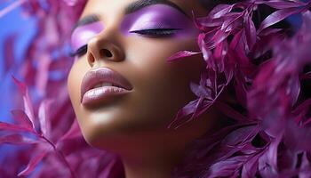 AI generated Beautiful woman with purple flower, elegance and sensuality generated by AI photo