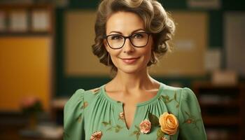 AI generated A confident, smiling businesswoman holding a flower, radiating elegance generated by AI photo