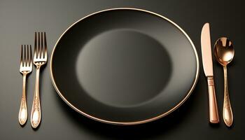 AI generated Shiny silverware on a golden plate, elegant dining experience generated by AI photo