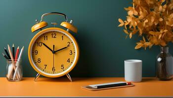 AI generated Time on table, pencil on paper, creativity in education generated by AI photo