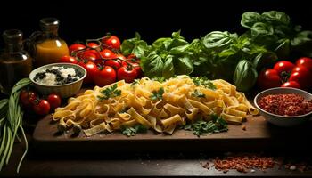 ai generado fresco, sano pasta comida en rústico de madera mesa, italiano gastrónomo generado por ai foto