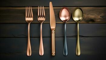 AI generated Shiny silverware and crockery on a clean wooden table generated by AI photo