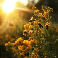 AI generated bees gathering flowers in the sunshine photo