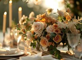 AI generated centerpiece with peach roses, candles, linens, plates and cutlery photo