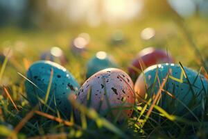 AI generated colorful colored eggs laid out in grass with bokeh light photo