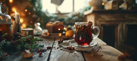 ai generado Navidad reflexionado vino con Navidad follaje en un de madera mesa y Navidad paño foto