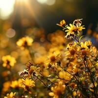 AI generated bees gathering flowers in the sunshine photo