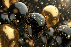 AI generated birthday party background with black and gold balloons photo