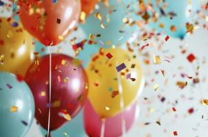 ai generado vistoso globos y papel picado en un blanco antecedentes foto