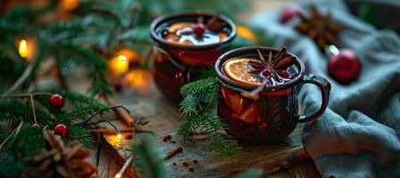 AI generated christmas mulled wine with christmas foliage on a wooden table and christmas cloth photo
