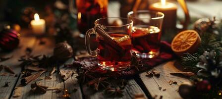 AI generated christmas mulled wine with christmas foliage on a wooden table and christmas cloth photo