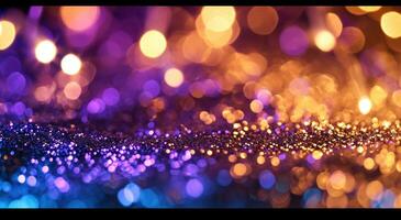 ai generado cerca arriba de púrpura, azul y brillante dorado luces en un brillaba antecedentes foto