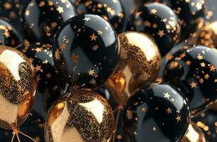 AI generated birthday party background with black and gold balloons photo