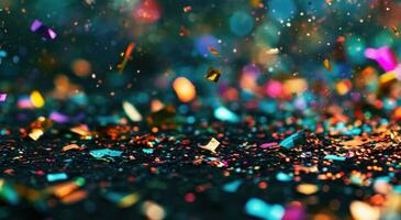 AI generated close up of purple, blue and bright golden lights on a glittered background photo