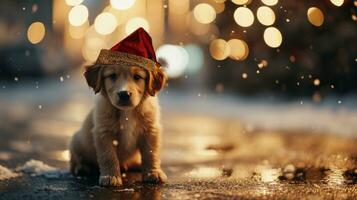 ai generado encantador perrito en un Navidad sombrero, superficial profundidad de campo foto
