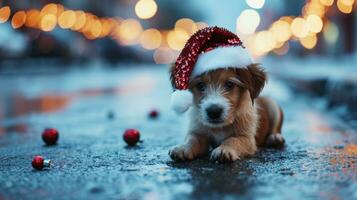 ai generado encantador perrito en un Navidad sombrero, superficial profundidad de campo foto