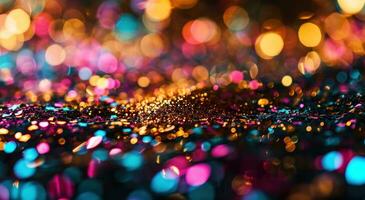 AI generated close up of purple, blue and bright golden lights on a glittered background photo