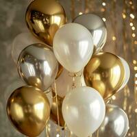 AI generated celebrations inc silver white and gold gold foil balloons photo