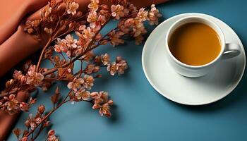 ai generado frescura y elegancia en un café taza con un flor generado por ai foto