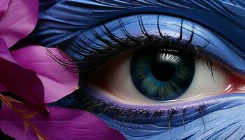 ai generado cerca arriba de un mujer ojo, vibrante púrpura iris, hermosa y creativo generado por ai foto