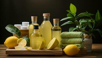 AI generated Fresh lemon, citrus fruit, nature healthy aroma, organic body care generated by AI photo