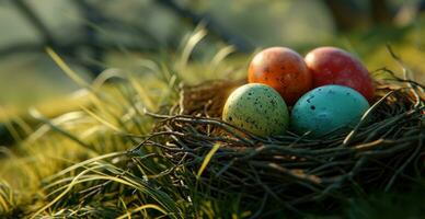 AI generated colorful eggs in a nest in a garden photo