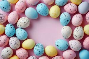 ai generado vistoso Pascua de Resurrección huevos formando un circular marco foto