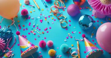 AI generated colorful party hats and confetti on blue background photo