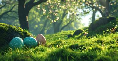 AI generated colourful eggs nestled in a grassy garden photo