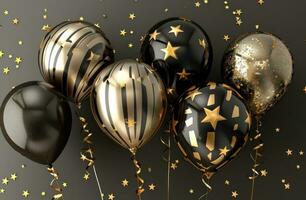 AI generated colourful balloons with shiny stars and gold and black stripes photo