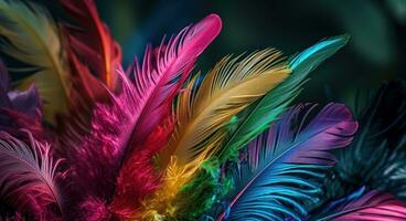 AI generated colorful feathers in several colors on a dark background photo