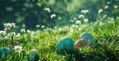 AI generated colourful eggs nestled in a grassy garden photo