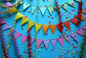 AI generated colorful party paper bunting with confetti on blue photo