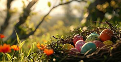 AI generated colorful eggs in a nest in a garden photo