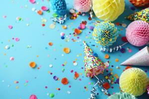 AI generated colorful birthday decorations on a blue background photo