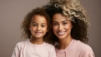 AI generated Smiling child, happiness, curly hair, portrait, family, cheerful females generated by AI photo