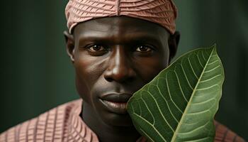 AI generated One young African man smiling, looking at camera outdoors generated by AI photo