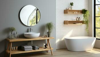 AI generated Modern elegance in a clean, comfortable bathroom with wooden flooring generated by AI photo