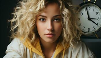 AI generated Beautiful woman with blond hair looking at camera with confidence generated by AI photo