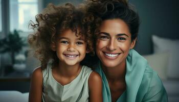 AI generated Smiling mother and daughter, indoors, bonding, love, happiness, togetherness generated by AI photo