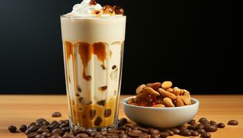 AI generated Fresh coffee bean drink on wooden table, gourmet sweetness generated by AI photo