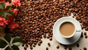 AI generated Fresh coffee bean on table, close up drink with caffeine generated by AI photo