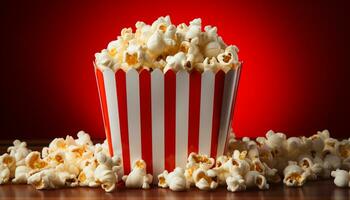 AI generated Watching a movie, snacking on popcorn in a red theater generated by AI photo