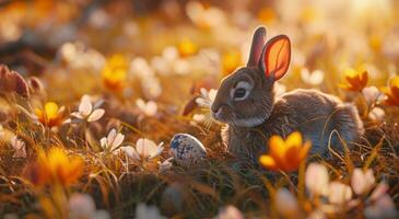 AI generated easter easter rabbits and animals in the spring meadow photo